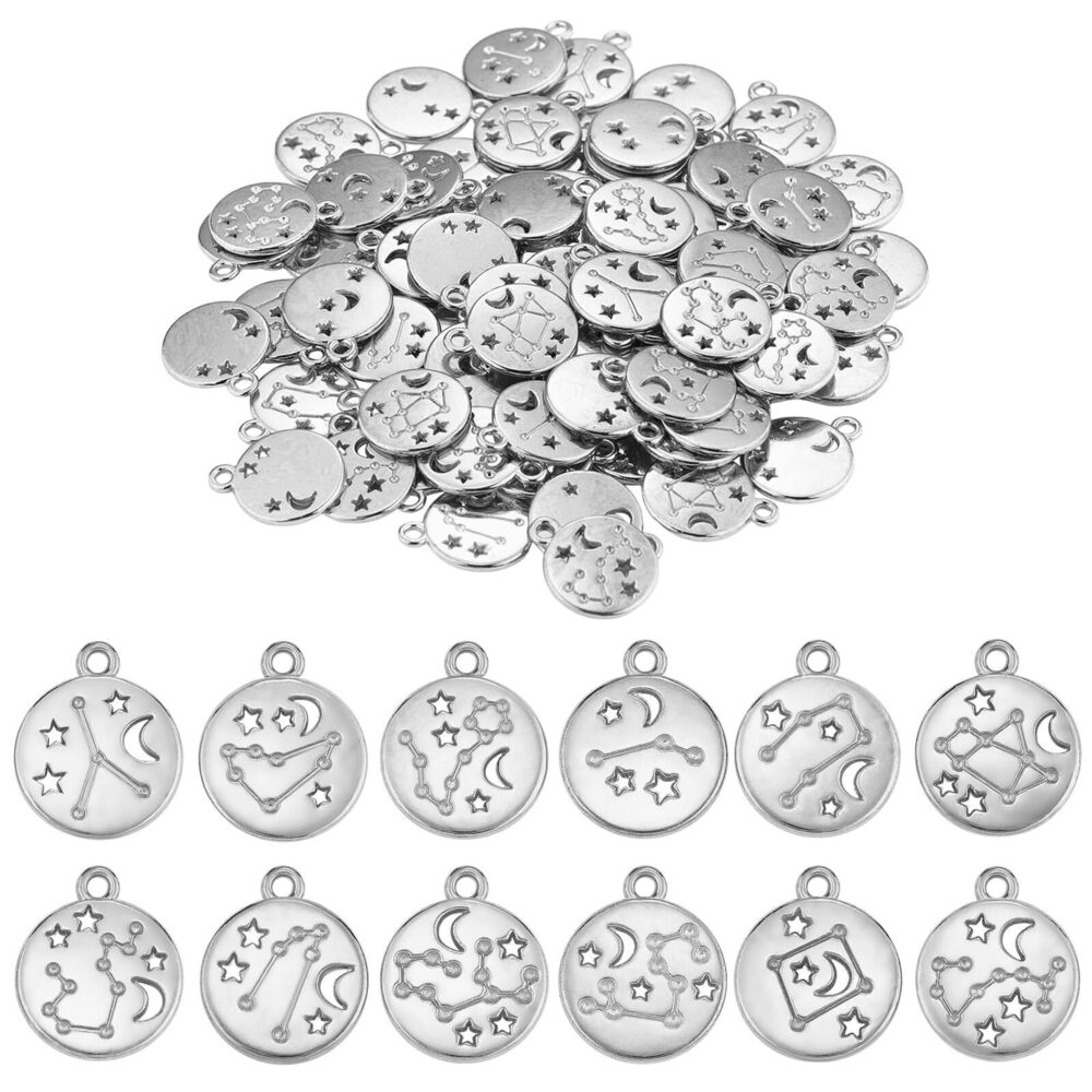 4652 84Pcs 12 Zodiac Constellation Charms Flat Round Alloy Silver Charms